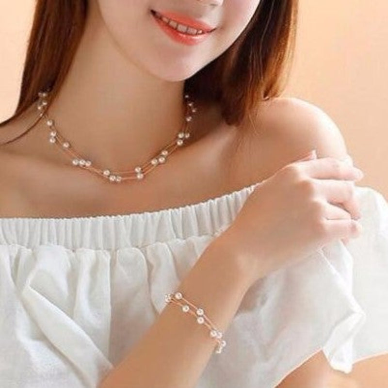 Simulated Pearls Double Layer Earrings-Necklace-Bracelet Set - [neshe.in]