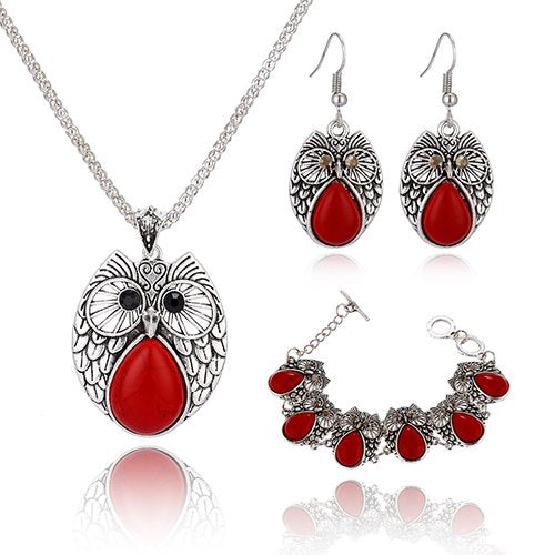 Vintage Acrylic Stone Owl Necklace-Bracelet-Earring Set - 3 Colors - [neshe.in]