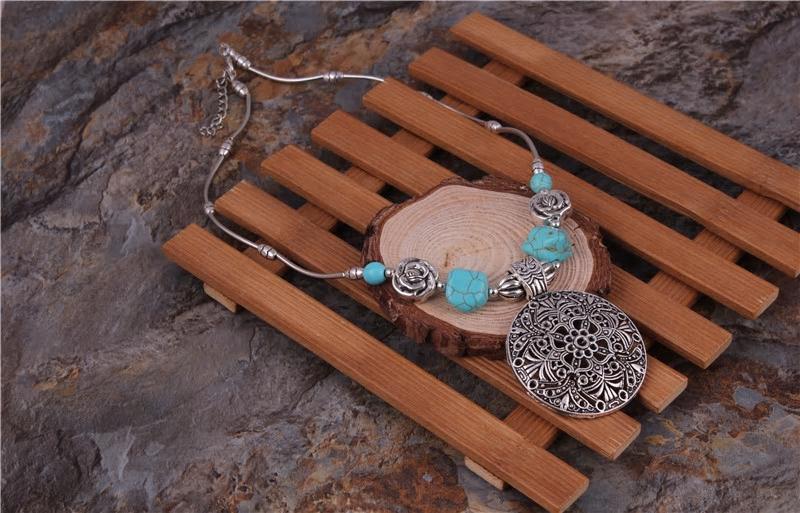 Bohemian Carved Tibetan Silver Color Stone Vintage Necklace - [neshe.in]