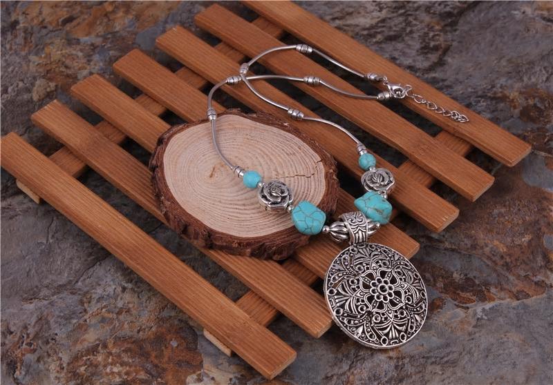 Bohemian Carved Tibetan Silver Color Stone Vintage Necklace - [neshe.in]