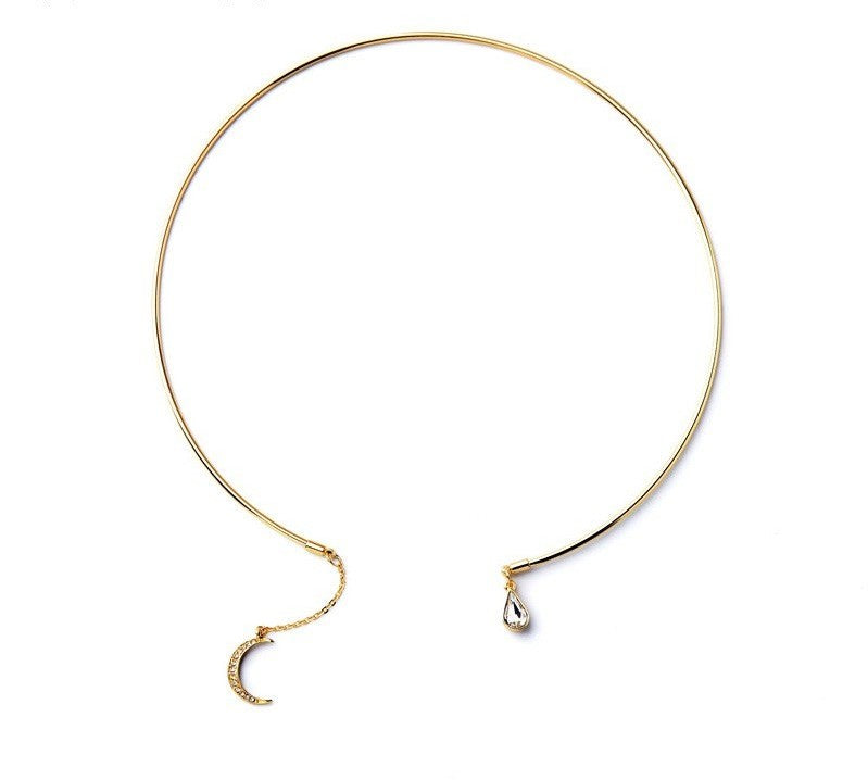 Stylish Open Gold Choker Necklace with Crystal Moon Pendant - [neshe.in]