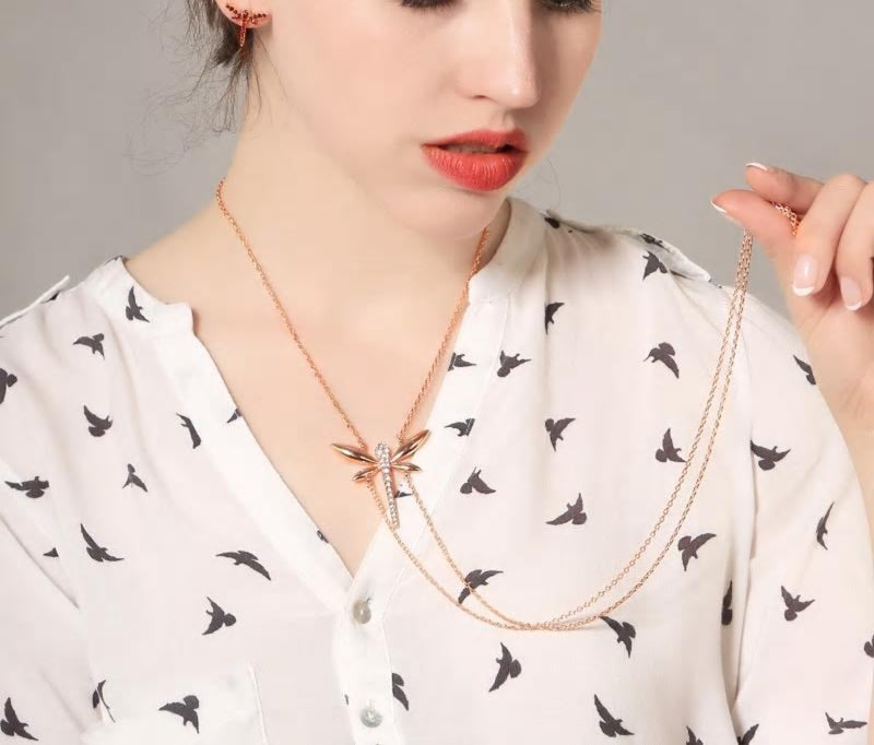 Rose Gold Color Dragonfly Long Pendant Necklace - [neshe.in]