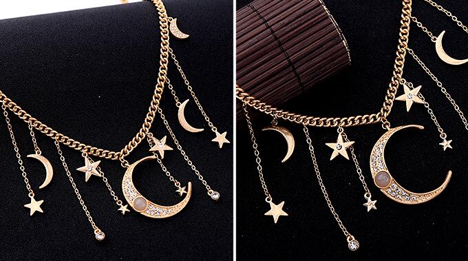 Statement Jewelry Gold Color Star Moon Crystal Pendant Necklace - [neshe.in]