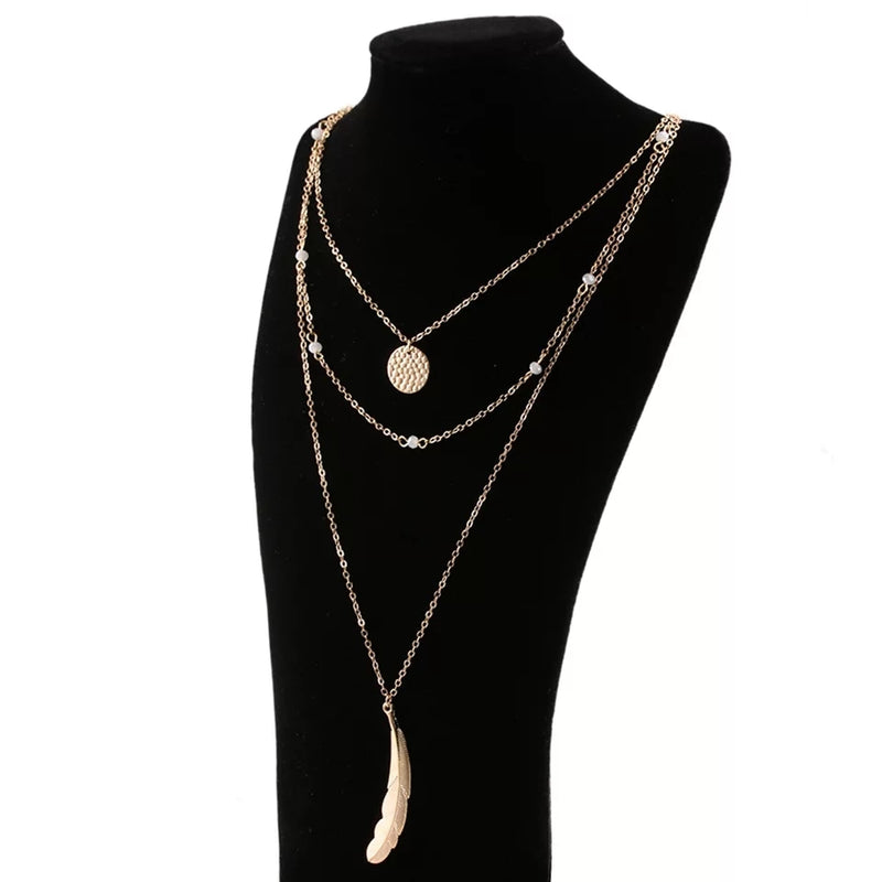 Golden Feather and Wafer Pendant Multilayer Chain Necklace - [neshe.in]
