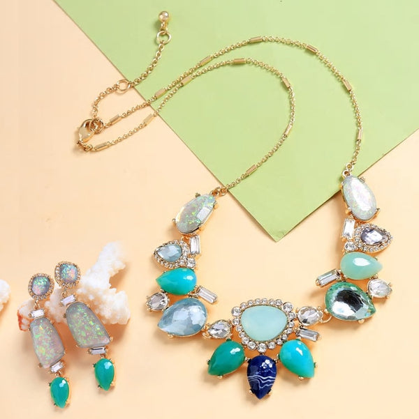 Aqua Teal Blue Geometric Collar Necklace Earring Set - [neshe.in]