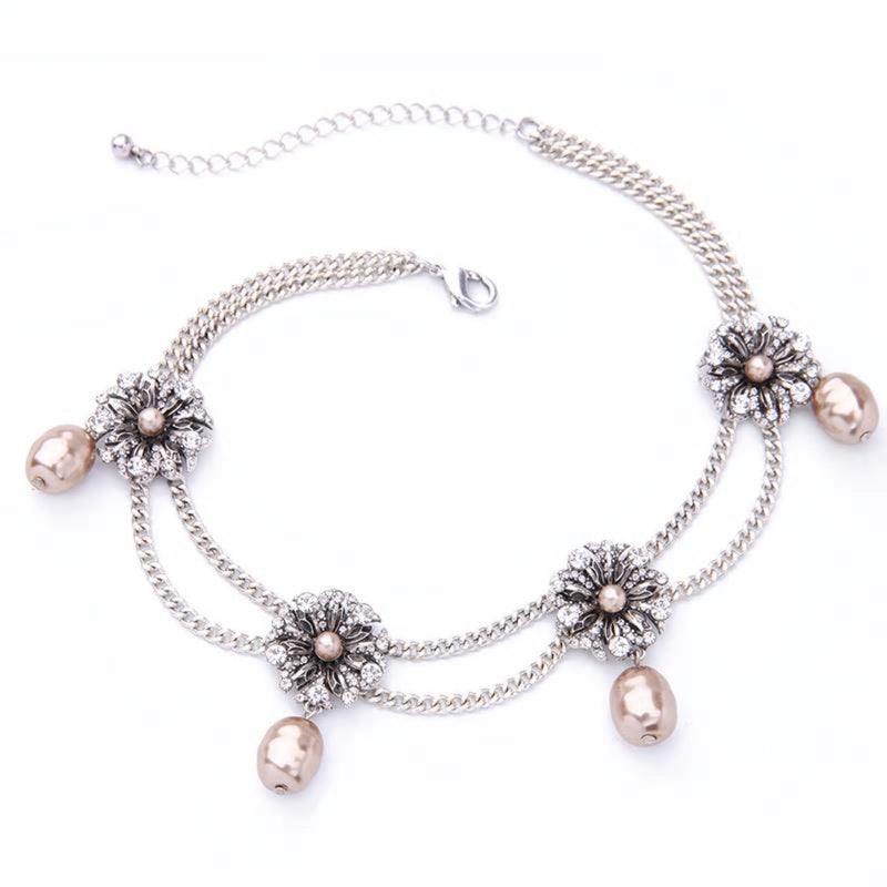 Crystal Flowers Choker Layered  Simulated Pearls Necklace - [neshe.in]