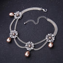 Crystal Flowers Choker Layered  Simulated Pearls Necklace - [neshe.in]