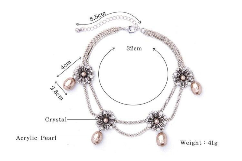 Crystal Flowers Choker Layered  Simulated Pearls Necklace - [neshe.in]