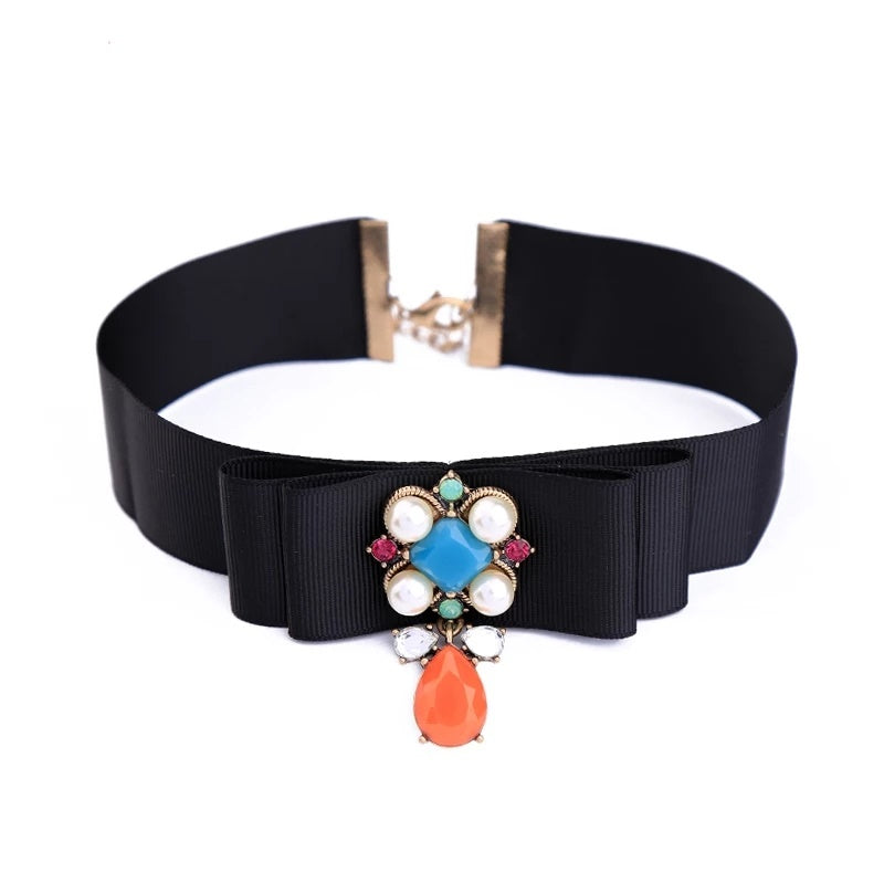 Colorful Crystals & Pearls Party Choker Necklace - [neshe.in]