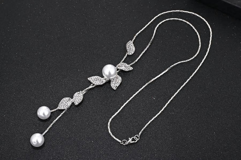 Long Silver Pearl Flower Pendant Necklace - [neshe.in]
