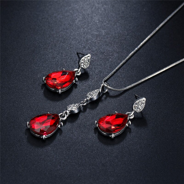 Red CZ Crystal Teardrop Silver Necklace Earring Set - [neshe.in]
