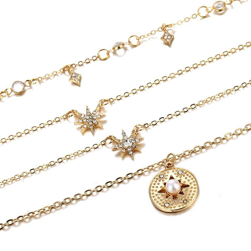Bohemian Multilayer Stars & Pearl Drop Pendant Necklace - [neshe.in]