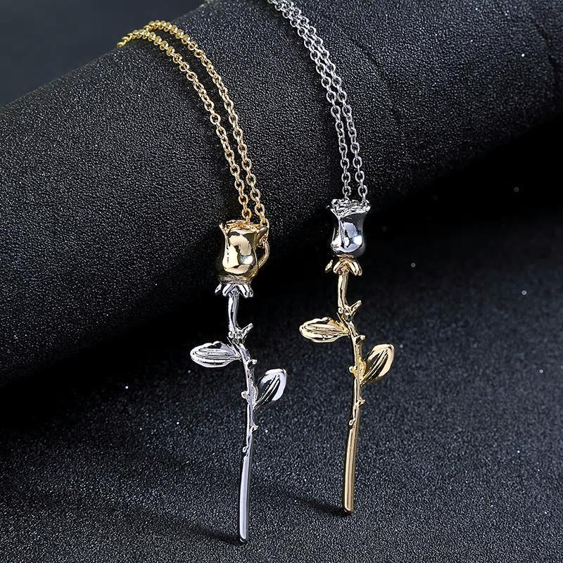 Gold Silver Color Chain Rose Flower Pendant Necklace Earring Set - 2 Styles - [neshe.in]