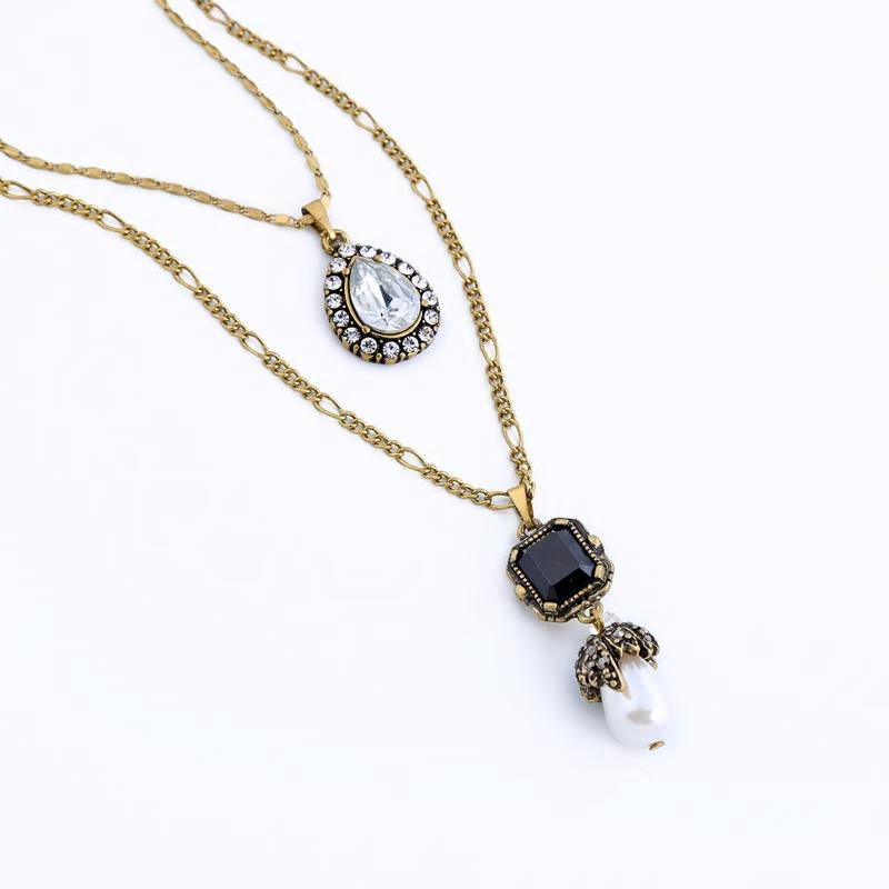 Vintage Black Geometric Pendant Pearl Layered Necklace Jewelry - [neshe.in]
