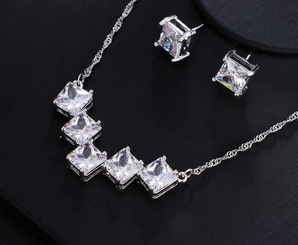 AAA CZ Square Crystal Pendant Necklace Earring Set - [neshe.in]