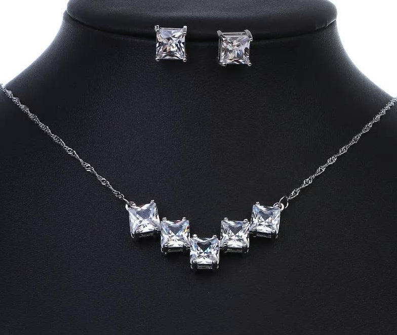 AAA CZ Square Crystal Pendant Necklace Earring Set - [neshe.in]