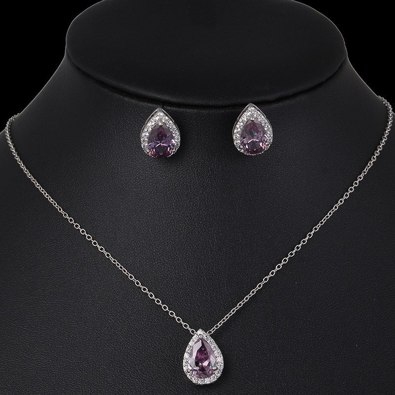 CZ Water Drop Crystal Luxury Pendant Necklace Set - 7 Colors - [neshe.in]