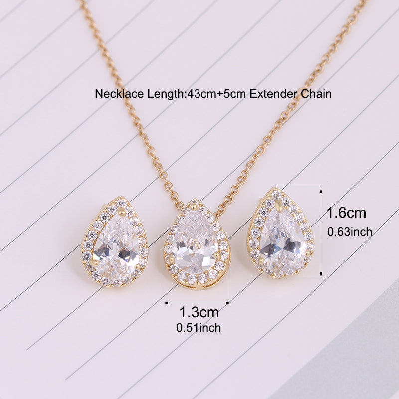 CZ  Tear Drop Crystal Luxury Pendant Necklace Set - 3 Colors - [neshe.in]