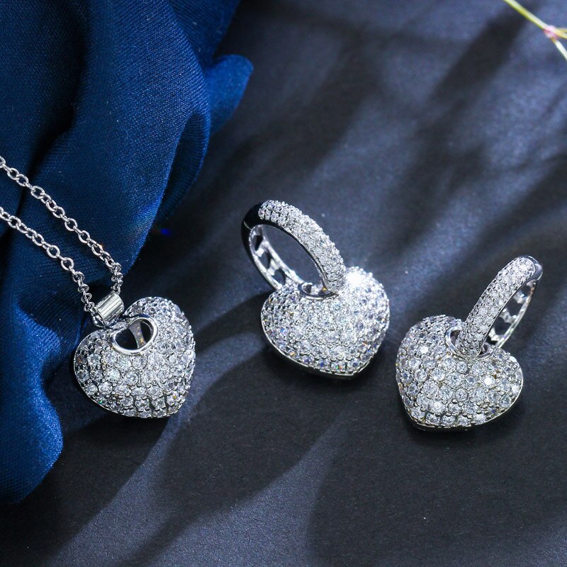 CZ AAA Crystal Heart Earring and Necklace Pendant Set - 3 Variants - [neshe.in]