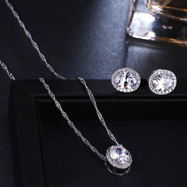 CZ Solitaire Oval Earring and Necklace Pendant Set - [neshe.in]