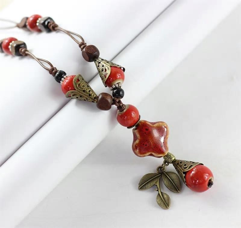 Handmade Rope Ceramic Flower Leaf Beads Pendant Necklace -2 Colors - [neshe.in]