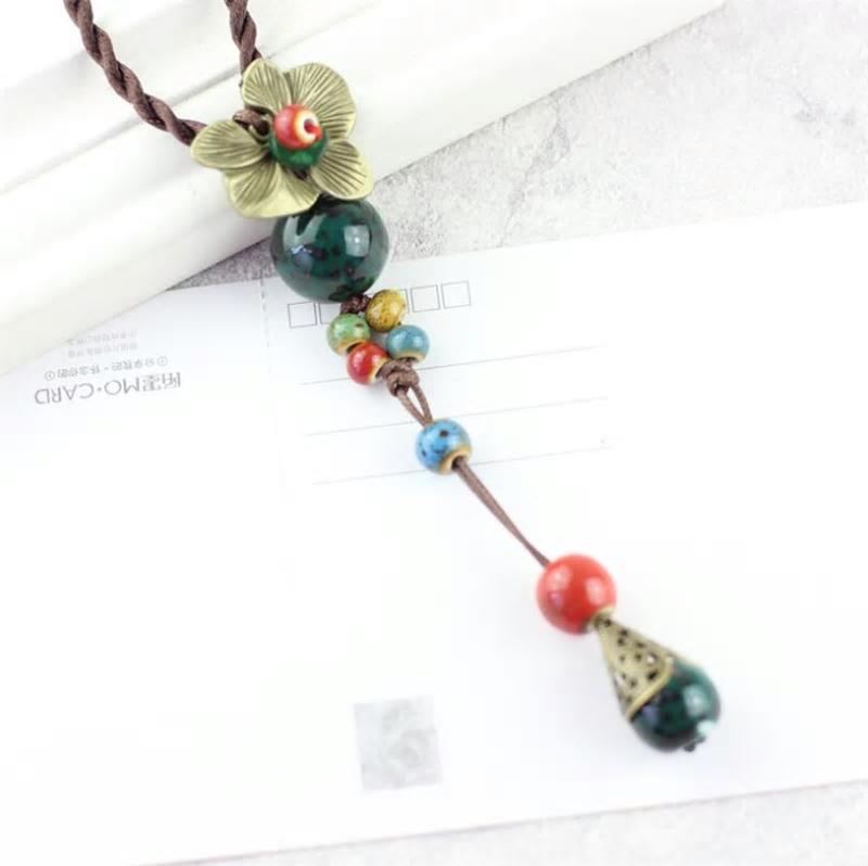 Ethnic Metal Flower Long Beaded  Rope Necklace -2 Colors - [neshe.in]