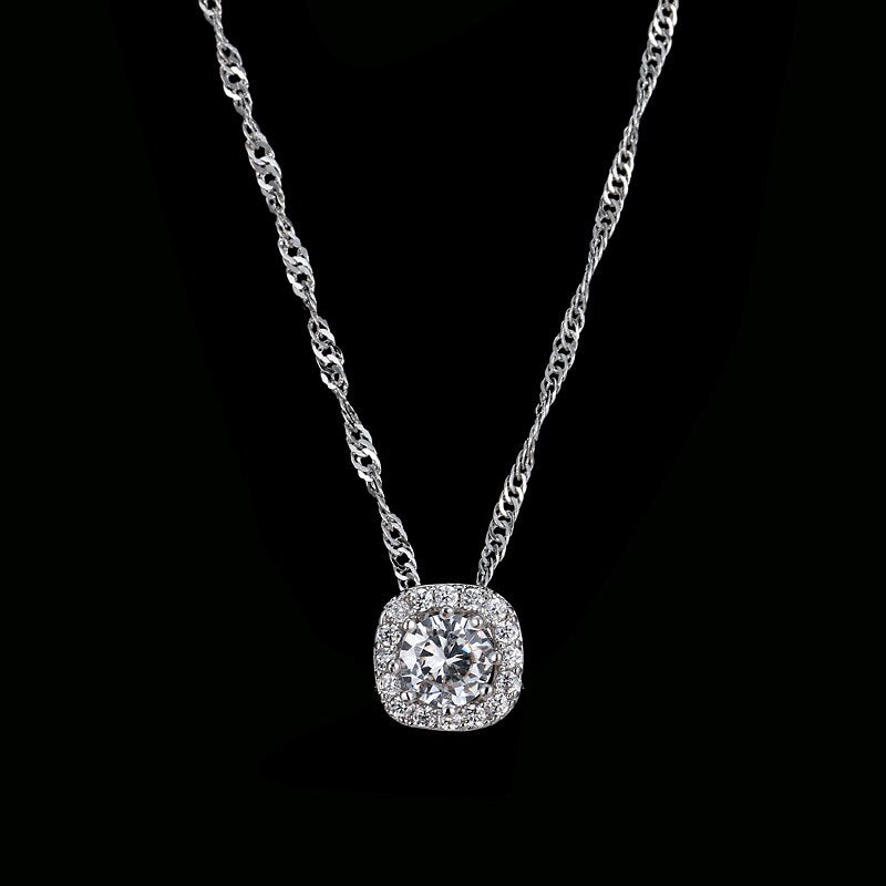 Platinum plated Square CZ Crystal Pendant Chain Necklace Set - [neshe.in]