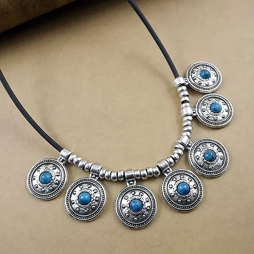 Round Vintage Tibetan Silver Leather Choker Statement Necklace - [neshe.in]