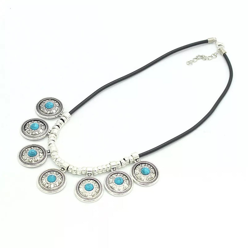 Round Vintage Tibetan Silver Leather Choker Statement Necklace - [neshe.in]