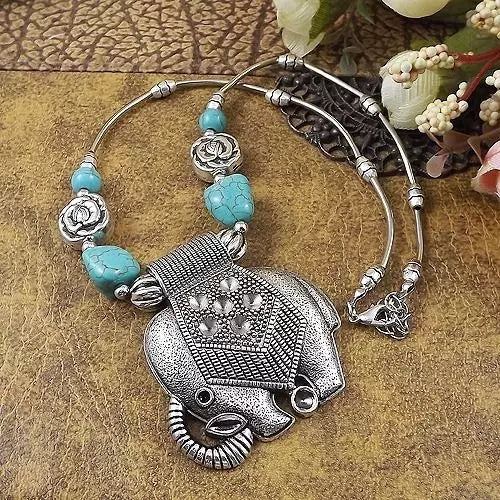 Bohemian Gypsy Silver Elephant Blue Stone Pendant Necklace - [neshe.in]