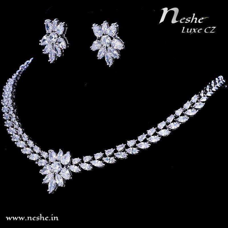 CZ Crystal Silver Necklace Stud Wedding Jewelry Set