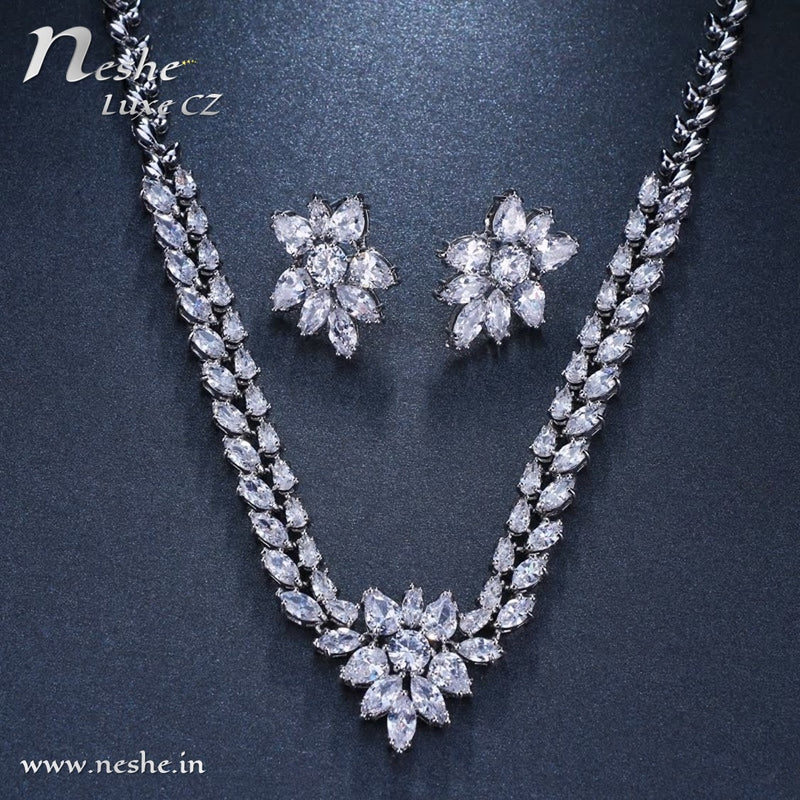 CZ Crystal Silver Necklace Stud Wedding Jewelry Set