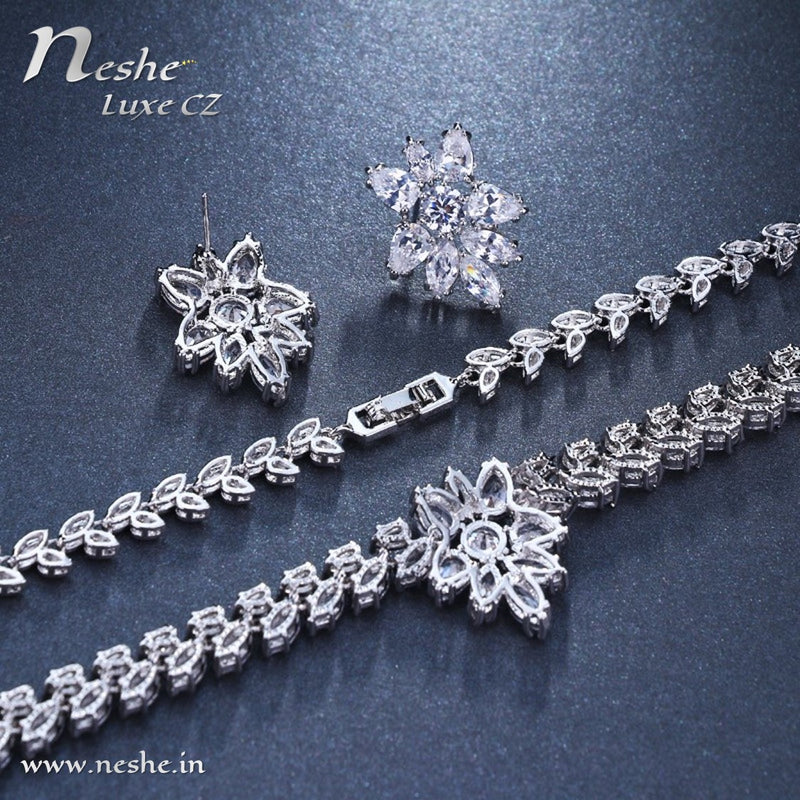 CZ Crystal Silver Necklace Stud Wedding Jewelry Set