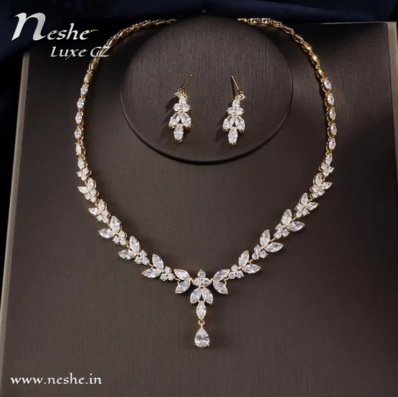 CZ Crystal Necklace Drop Earrings Wedding Jewelry Set - Gold & Silver