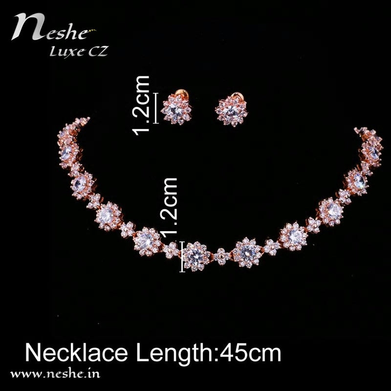 Delicate Rose Gold CZ Flowers Necklace Earrings Jewelry Set