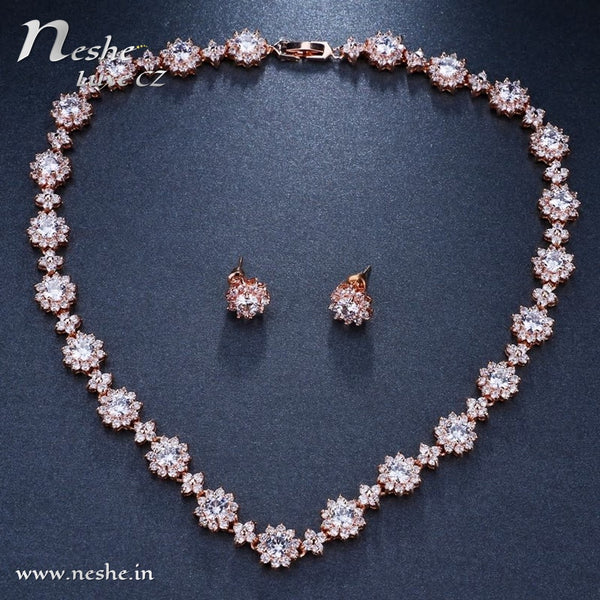 Delicate Rose Gold CZ Flowers Necklace Earrings Jewelry Set