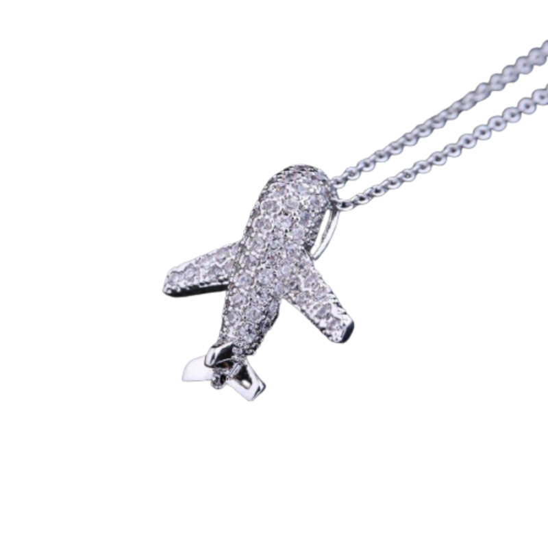 CZ Aircraft Airplane Crystal Pendant Necklace