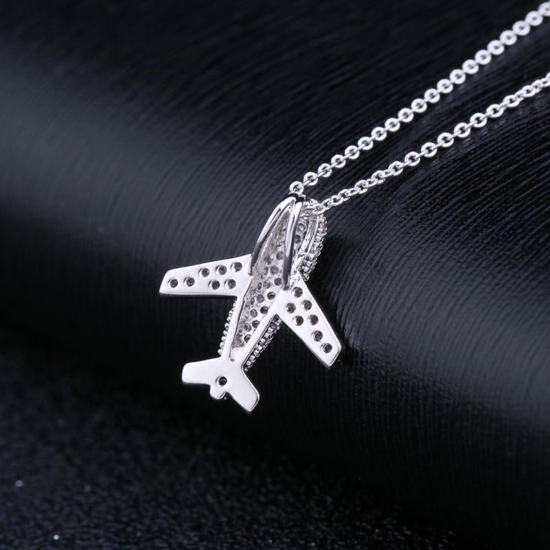CZ Aircraft Airplane Crystal Pendant Necklace