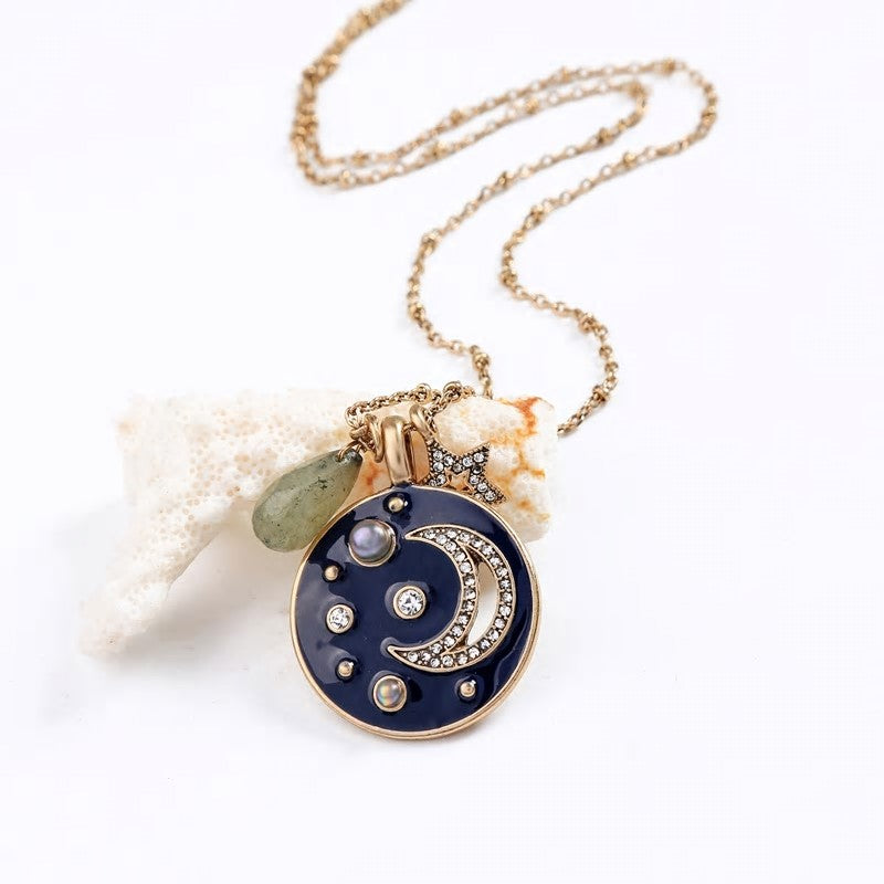 Navy Blue Enamel Moon Star Pendant Antique Necklace