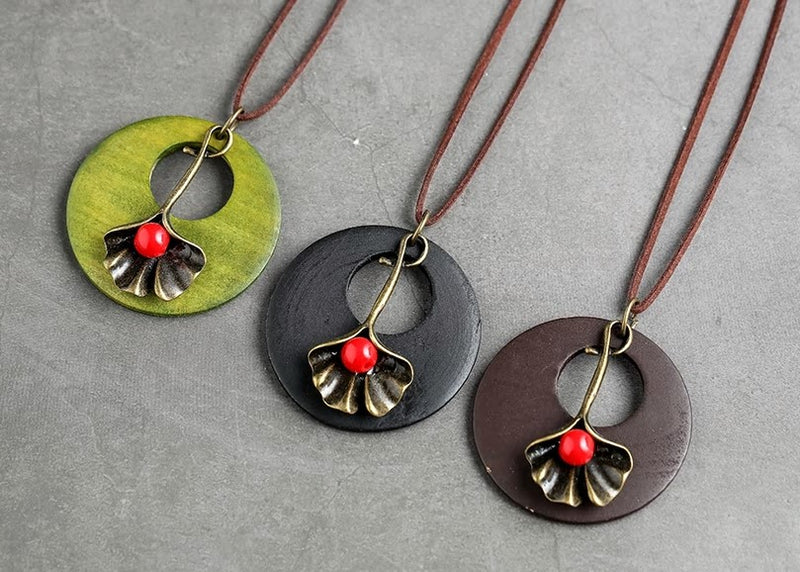 Leather Necklace with Wooden Pendant and Metal Flower -3 Colors