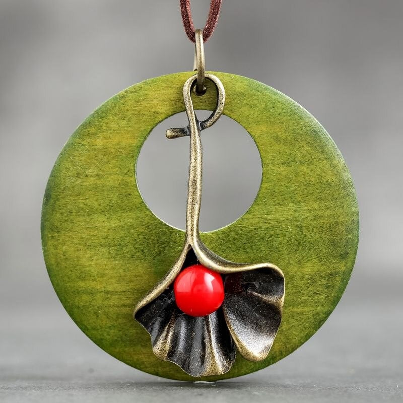 Leather Necklace with Wooden Pendant and Metal Flower -3 Colors