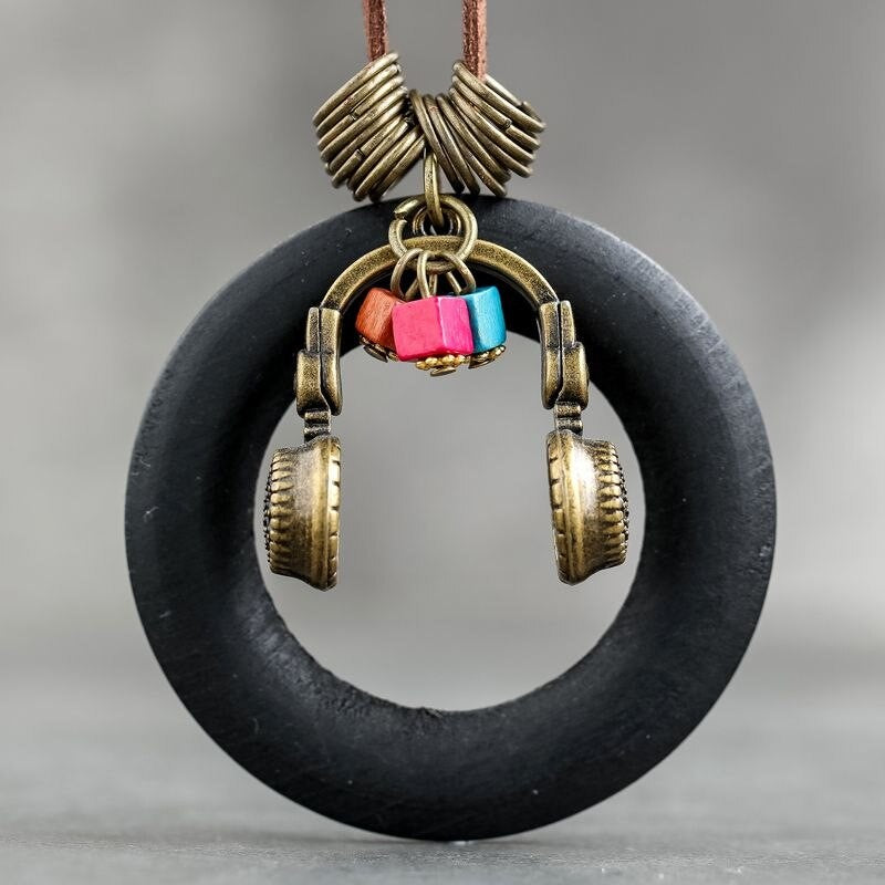 Music Headphones Wooden Pendant Leather Rope Necklace