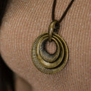 Vintage Concentric Metal Pendants Long Leather Rope Necklace