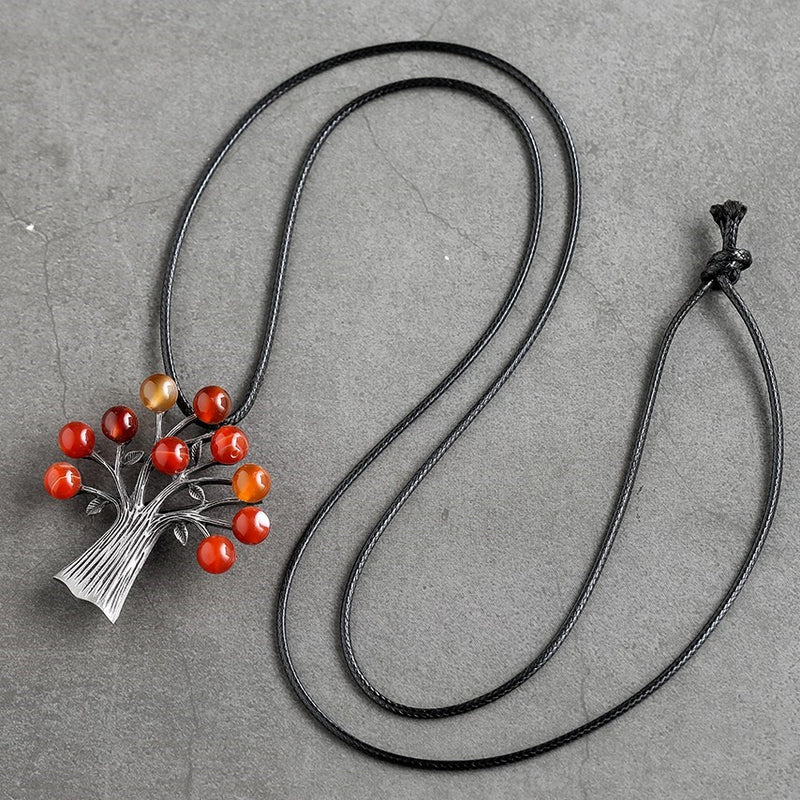Convertible Vintage Silver Tree Pendant & Brooch Leather Rope Necklace