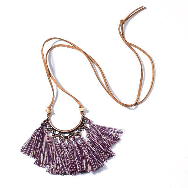 Vintage Leather Rope Boho Ethnic Tassel Pendant Necklace
