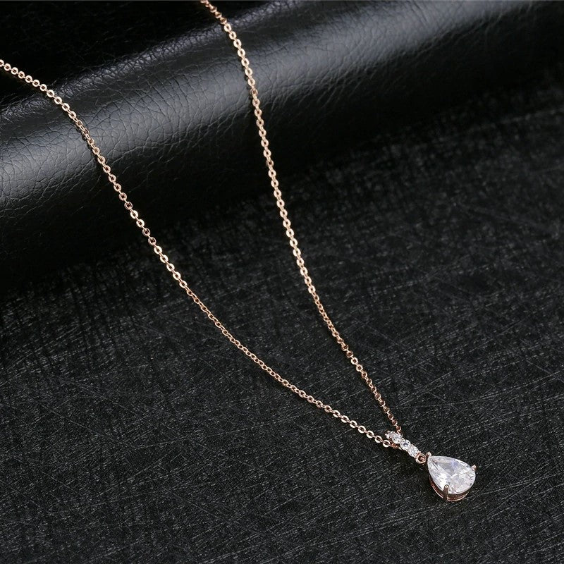 Elegant Water Drop CZ Crystal Pendant Rose Gold Chain Necklace