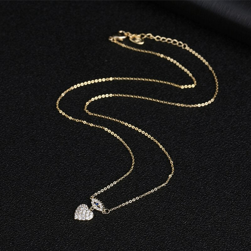 Designer CZ Paved Heart Pendant Evil Eye Gold Chain Necklace