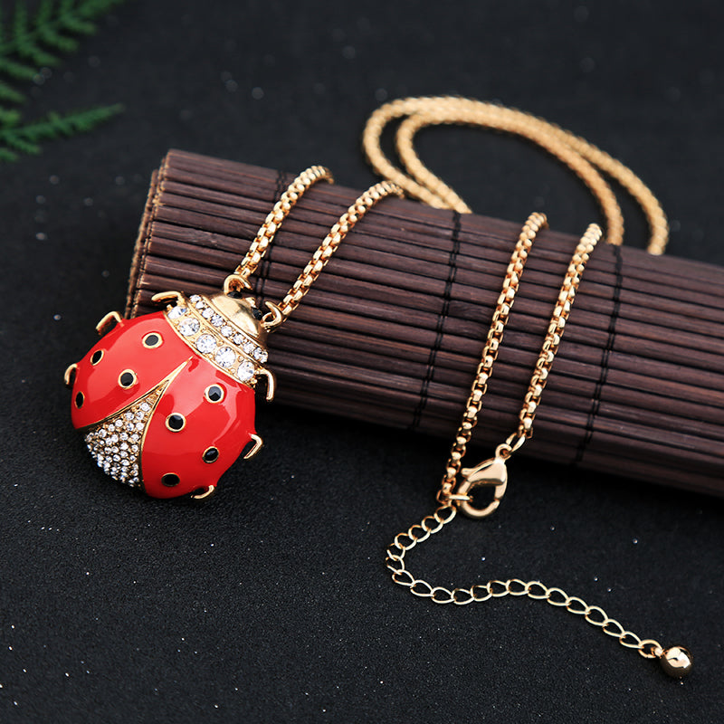 Red Lady Bug Statement Sweater Chain Necklace