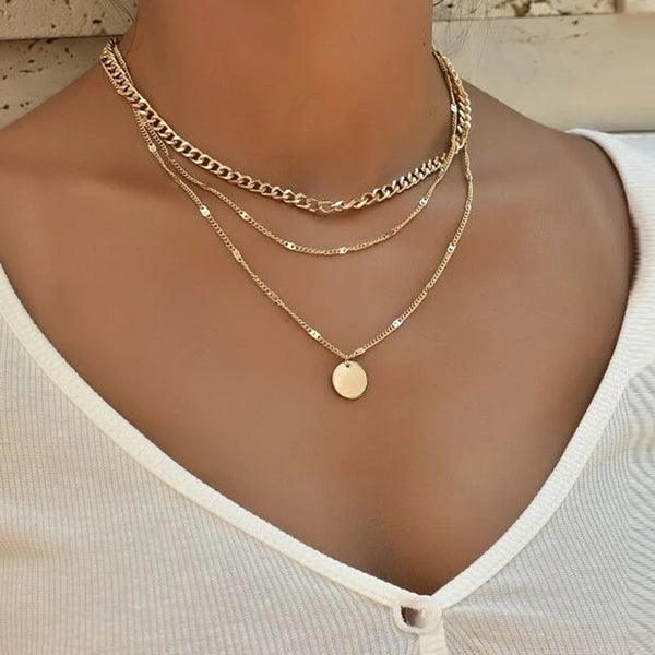 Three 3 Layers Coin Pendant Golden Chain Necklace