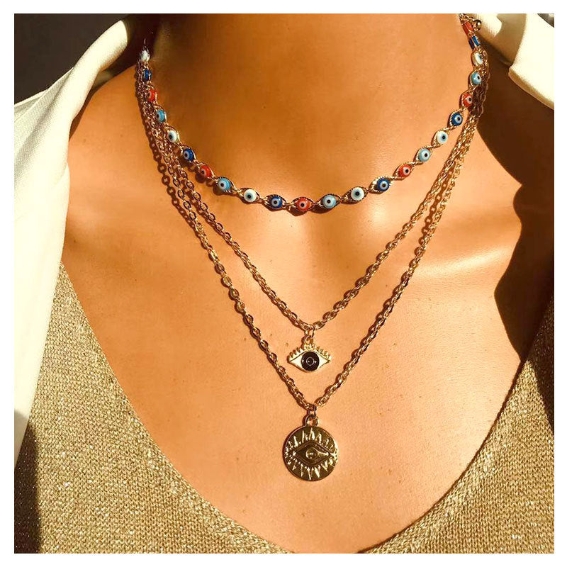 Multilayer Colorful Evil Eye Bead Golden Chains Necklace
